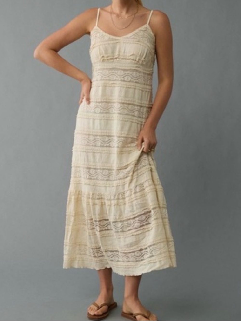 American Eagle Outfitters Cream Lace-Trim Maxi Dress